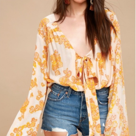 Free People Tops - Forties Feels Printed Bell-Sleeve Bodysuit